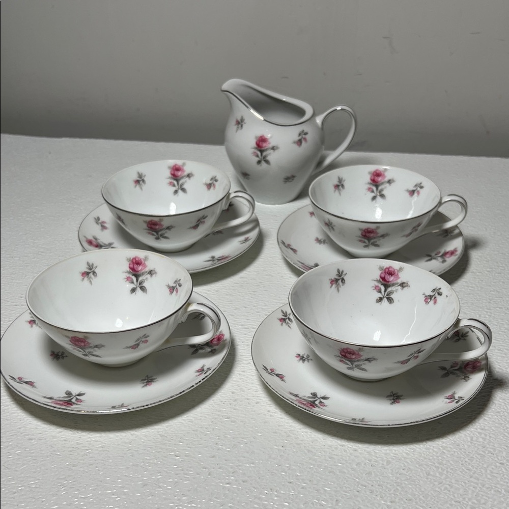 Vintage Meito Japan Rose Chintz Creamer and Cups Saucers 4 Sets